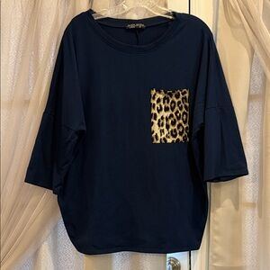 Shop Basic USA Navy Blue Leopard Pocket Women's Top Size Medium